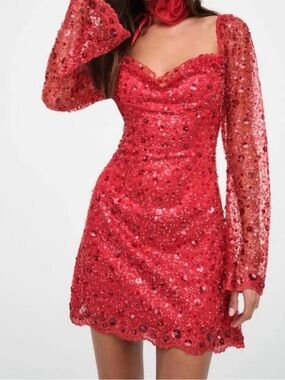 For Love & Lemons Red Sequin Mini Dress with Sheer Puff Sleeves